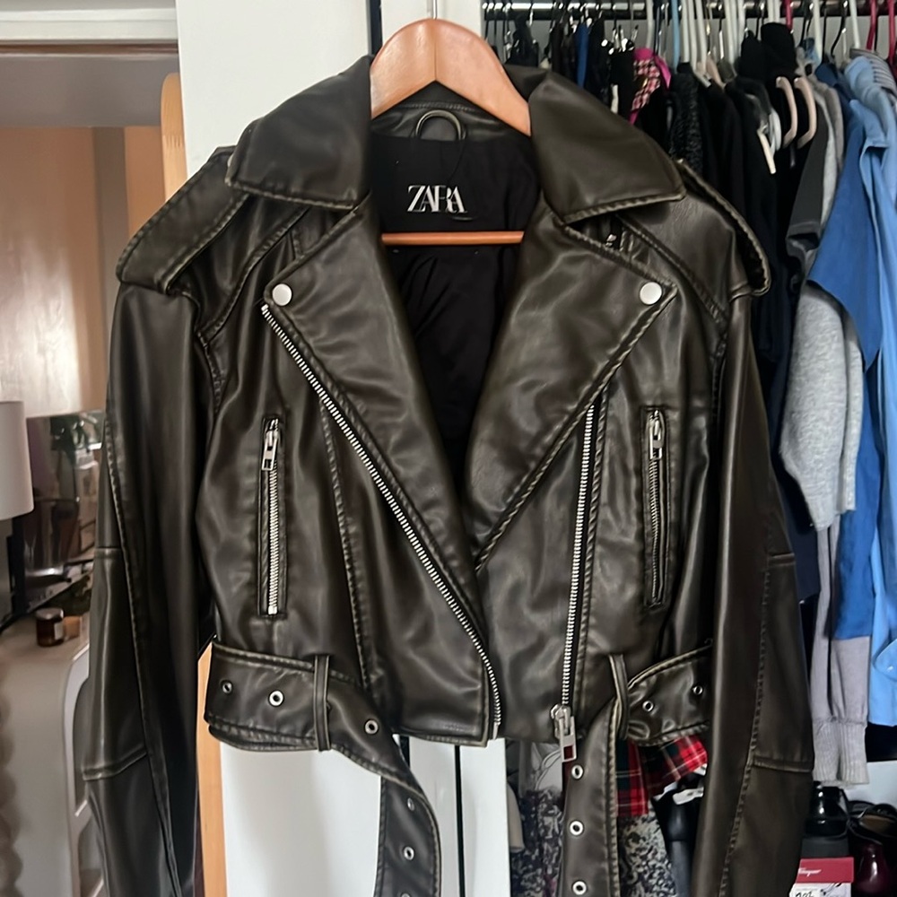 Zara brown faux leather moto jacket